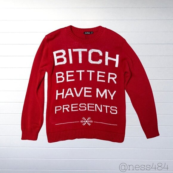 NWT Boohoo UK B*tch Better Have My Presents Christmas Sweater / Size M/L - Picture 2 of 5